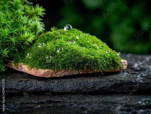 Morning Dew on Lush Green Moss Nature's Artwork Close-Up Serene Environment Macro Viewpoint Botanical Concept photo