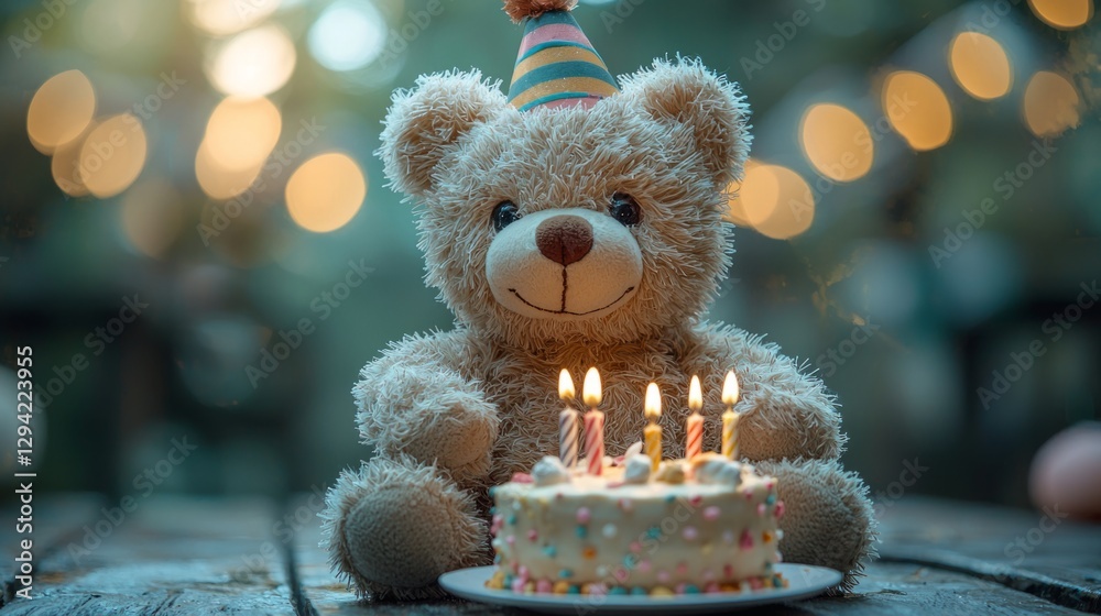 custom made wallpaper toronto digitalSmiling teddy bear with a festive birthday cake and hat