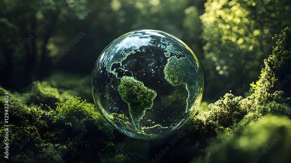 A transparent glass sphere containing a thriving tree and fresh green leaves sits on a lush, mossy surface, symbolizing environmental protection, sustainability, the balance of nature, renewable ene