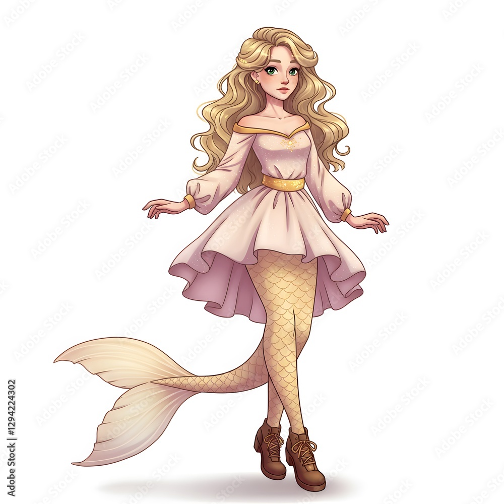 Digital illustration of a mermaid with long, blonde, wavy hair, wearing a pale dress with a gold belt, fish-scale leggings, and brown boots. The mermaid is centered on a plain white background. Digital illustration of a mermaid with long, blonde, wavy hair, wearing a pale dress with a gold belt, fish-scale leggings, and brown boots. The mermaid is centered on a plain white background.