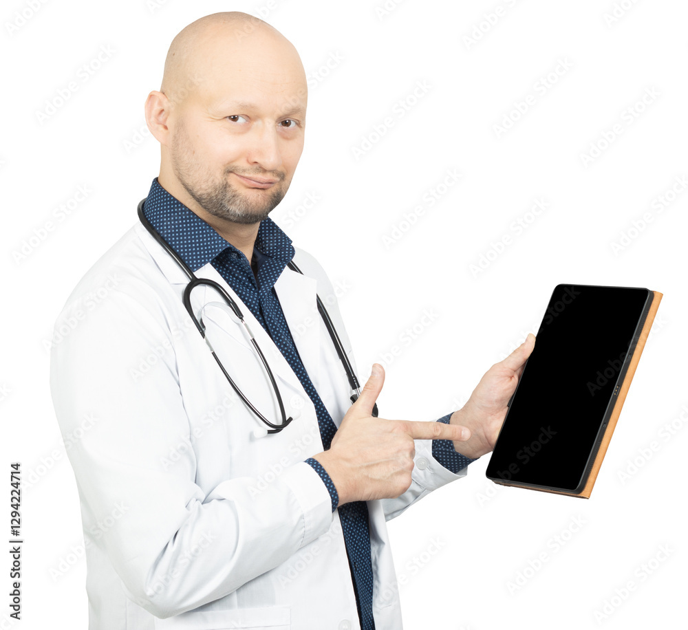 Smiling Doctor Presenting Information on a Tablet Smiling Doctor Presenting Information on a Tablet