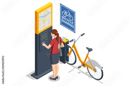An isometric, vector illustration of a woman using a bike-sharing kiosk with a city map. She stands near an orange bicycle, preparing to rent it.