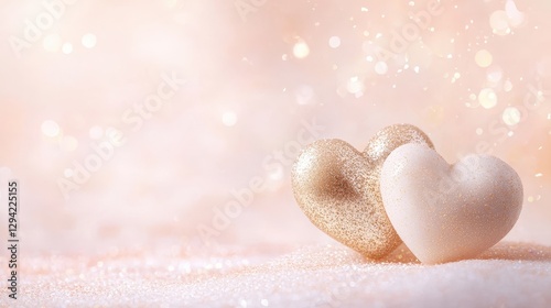 A serene and elegant scene featuring intertwined golden hearts with soft sparkling glitter, floating over a muted pastel gradient of light pink and peach