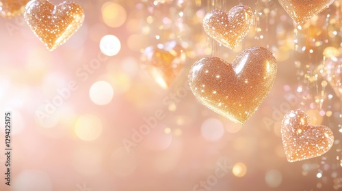 A serene and elegant scene featuring intertwined golden hearts with soft sparkling glitter, floating over a muted pastel gradient of light pink and peach