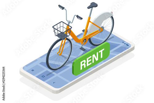 An isometric, vector illustration of an orange city bike atop a smartphone map interface with a large Rent button, symbolizing a bike rental app