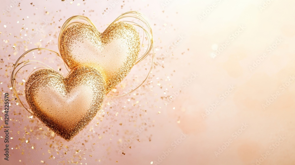 Fototapeta premium Beautiful golden hearts elegantly intertwined with sparkling glitter, floating against a gentle gradient of light pink and soft peach. 