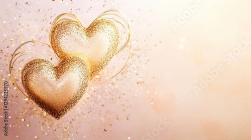 Beautiful golden hearts elegantly intertwined with sparkling glitter, floating against a gentle gradient of light pink and soft peach. 
