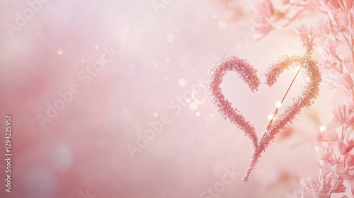 Cupid arrow, shaped like a heart, floating through a soft blush pink background with gold and coral accents.