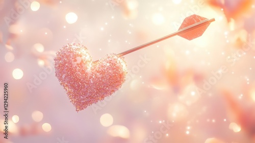 Cupid arrow, shaped like a heart, floating through a soft blush pink background with gold and coral accents.