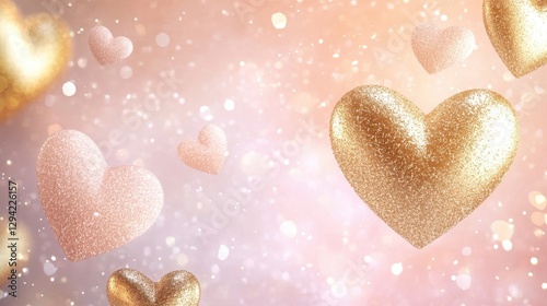Elegant golden hearts float gently over a soft pastel gradient of light pink and peach, intertwined with sparkling glitter.