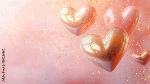 Elegant golden hearts float gently over a soft pastel gradient of light pink and peach, intertwined with sparkling glitter.