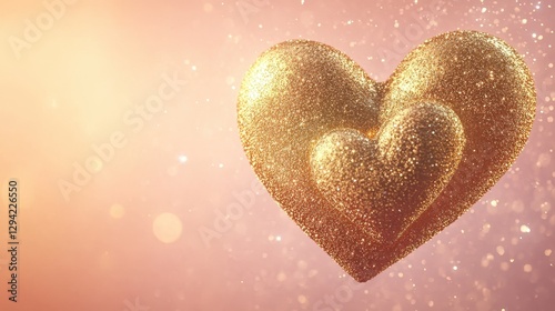 Elegant golden hearts intertwined with delicate glittering sparkles float gently against a light pink to peach gradient background.