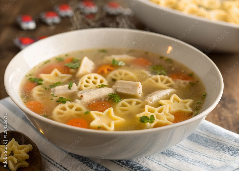 A bowl of steaming hot chicken noodle soup, accompanied by a spoon and a cloth. The background is slightly blurred, revealing a wooden surface with a few objects on it. The soup is filled with noodles