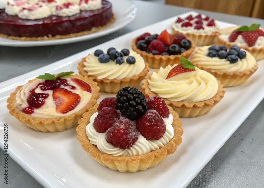A white plate topped with an assortment of desserts, including what appears to be a tart with a creamy topping and a variety of fruits such as strawberries, blueberries, and blackberries. The backgrou A white plate topped with an assortment of desserts, including what appears to be a tart with a creamy topping and a variety of fruits such as strawberries, blueberries, and blackberries. The backgrou