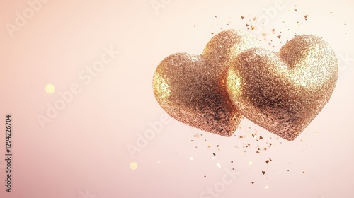 Elegant golden hearts intertwined with soft, sparkling glitter, floating gently over a muted pastel gradient background of light pink and soft peach.