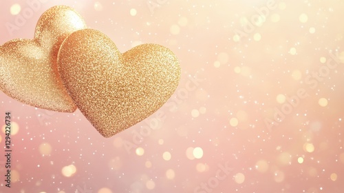 Elegant golden hearts intertwined with soft, sparkling glitter, floating gently over a muted pastel gradient background of light pink and soft peach.