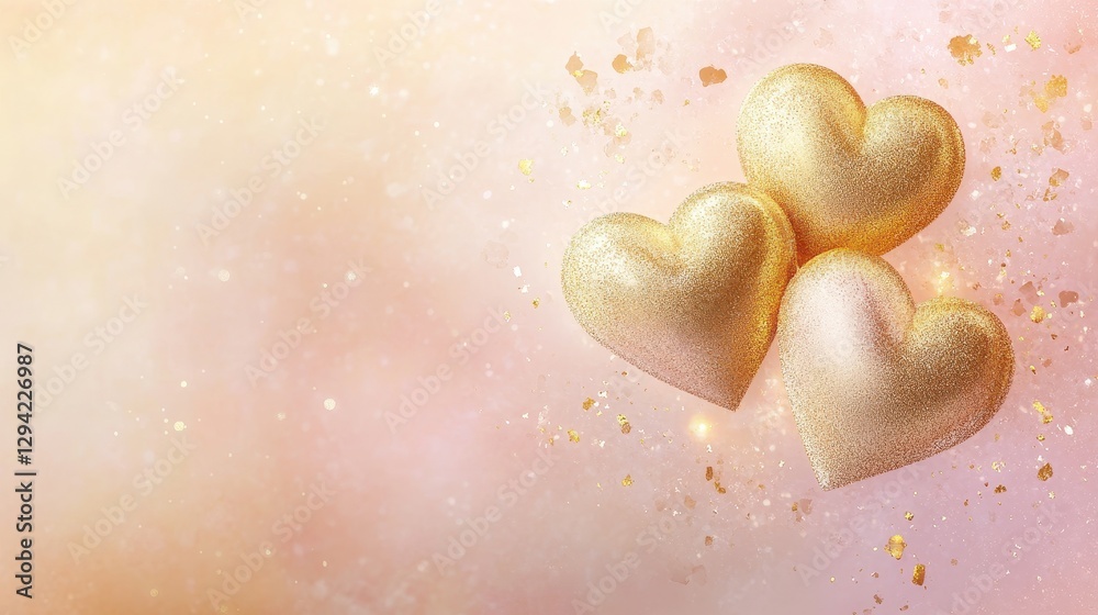 Fototapeta premium Elegant golden hearts intertwined with soft, sparkling glitter, floating gently over a muted pastel gradient background of light pink and soft peach.