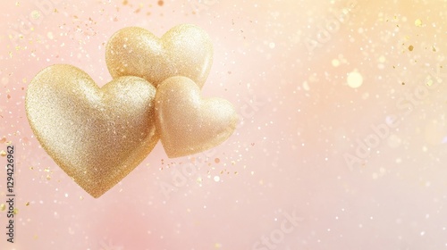 Elegant golden hearts intertwined with soft, sparkling glitter, floating gently over a muted pastel gradient background of light pink and soft peach.