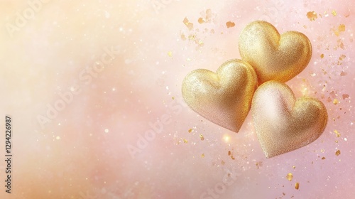 Elegant golden hearts intertwined with soft, sparkling glitter, floating gently over a muted pastel gradient background of light pink and soft peach.