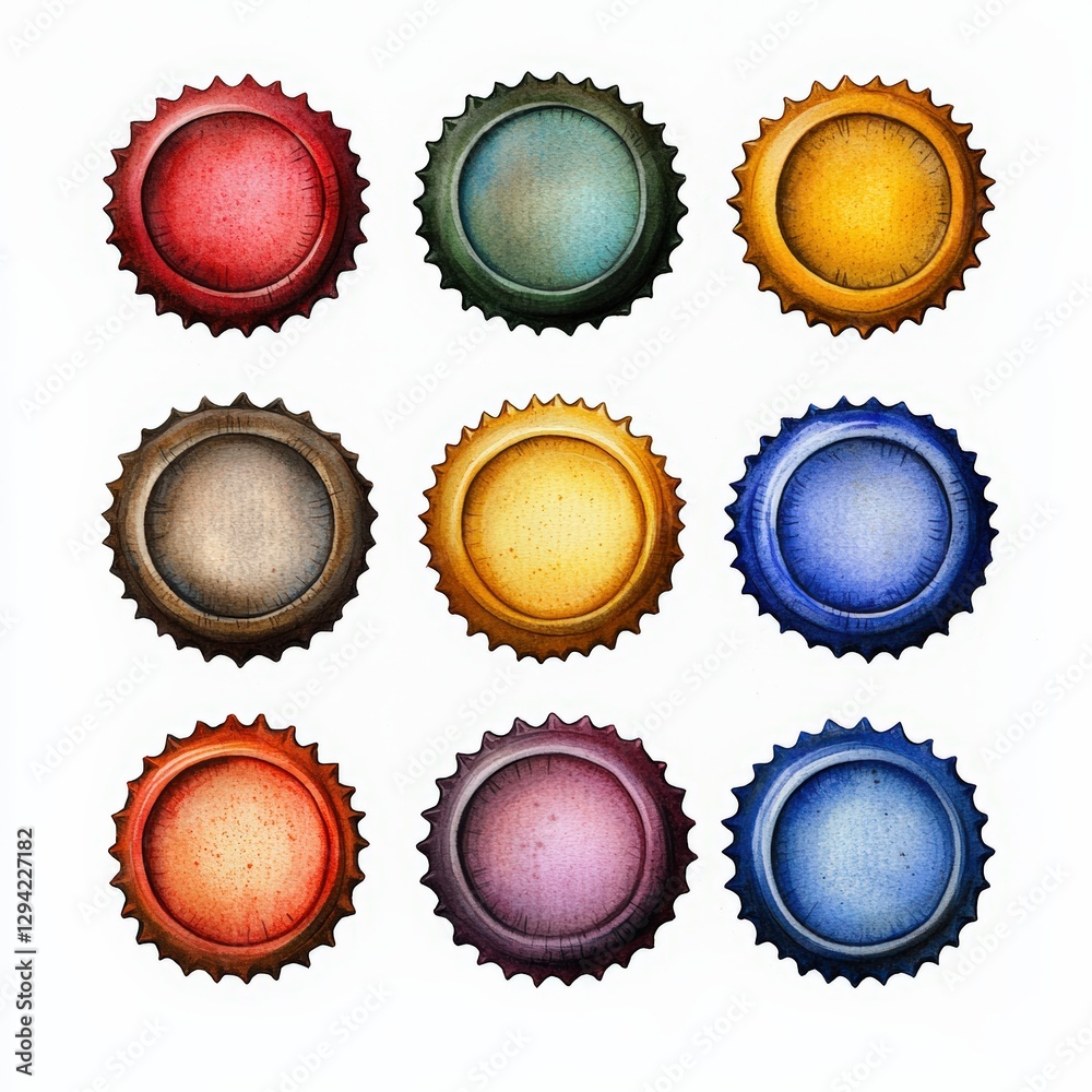 A vibrant collection of colorful bottle caps in various shades arranged artistically, ideal for beverage-themed designs.