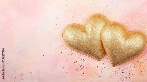 Golden hearts intertwined with sparkling glitter rest gently over a pastel gradient background, fading from light pink to soft peach.