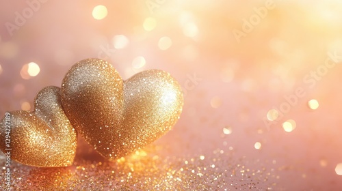 Golden hearts intertwined with sparkling glitter rest gently over a pastel gradient background, fading from light pink to soft peach.