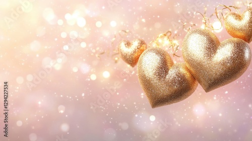 Golden hearts intertwined with sparkling glitter rest gently over a pastel gradient background, fading from light pink to soft peach.