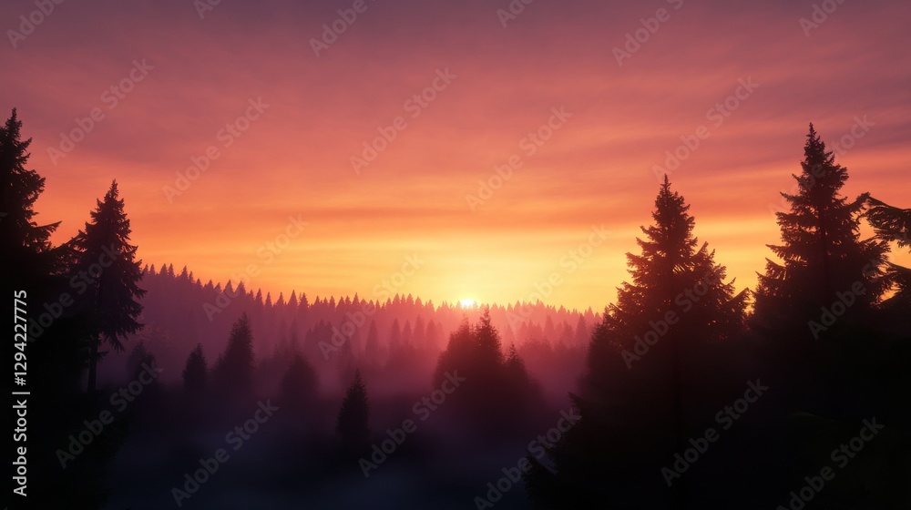 Obraz premium Majestic sunrise over misty pine forest silhouettes with vibrant orange sky.