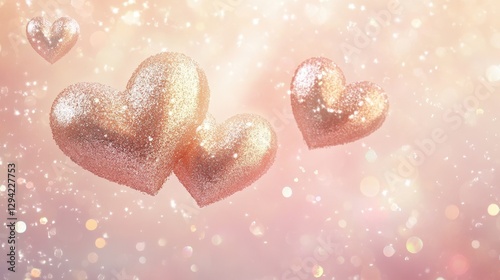 Golden hearts, intertwined with sparkling glitter, float gracefully over a soft pastel gradient background of light pink and peach. The design creates a warm and inviting atmosphere