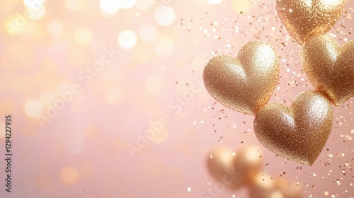Golden hearts, intertwined with sparkling glitter, float gracefully over a soft pastel gradient background of light pink and peach. The design creates a warm and inviting atmosphere