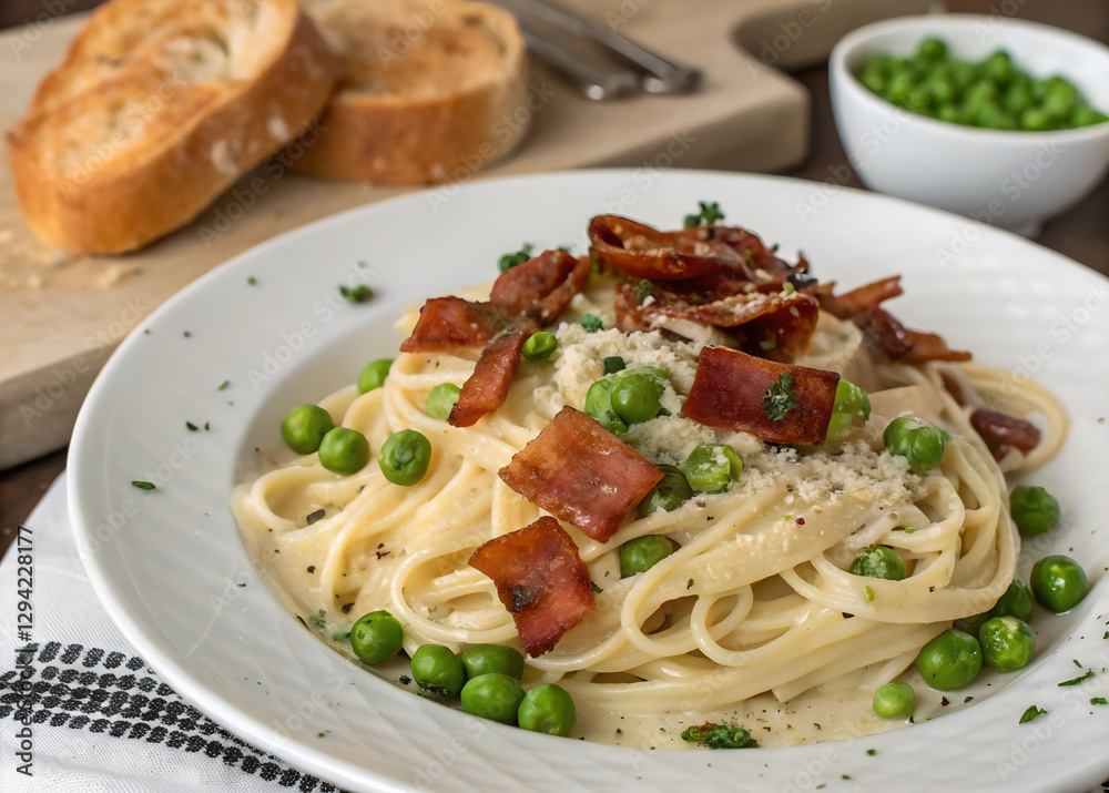 A close-up of a plate of pasta with peas and bacon, accompanied by a bowl of additional food items on a wooden surface. The plate is placed on a cloth, and the background is slightly blurred, giving t A close-up of a plate of pasta with peas and bacon, accompanied by a bowl of additional food items on a wooden surface. The plate is placed on a cloth, and the background is slightly blurred, giving t