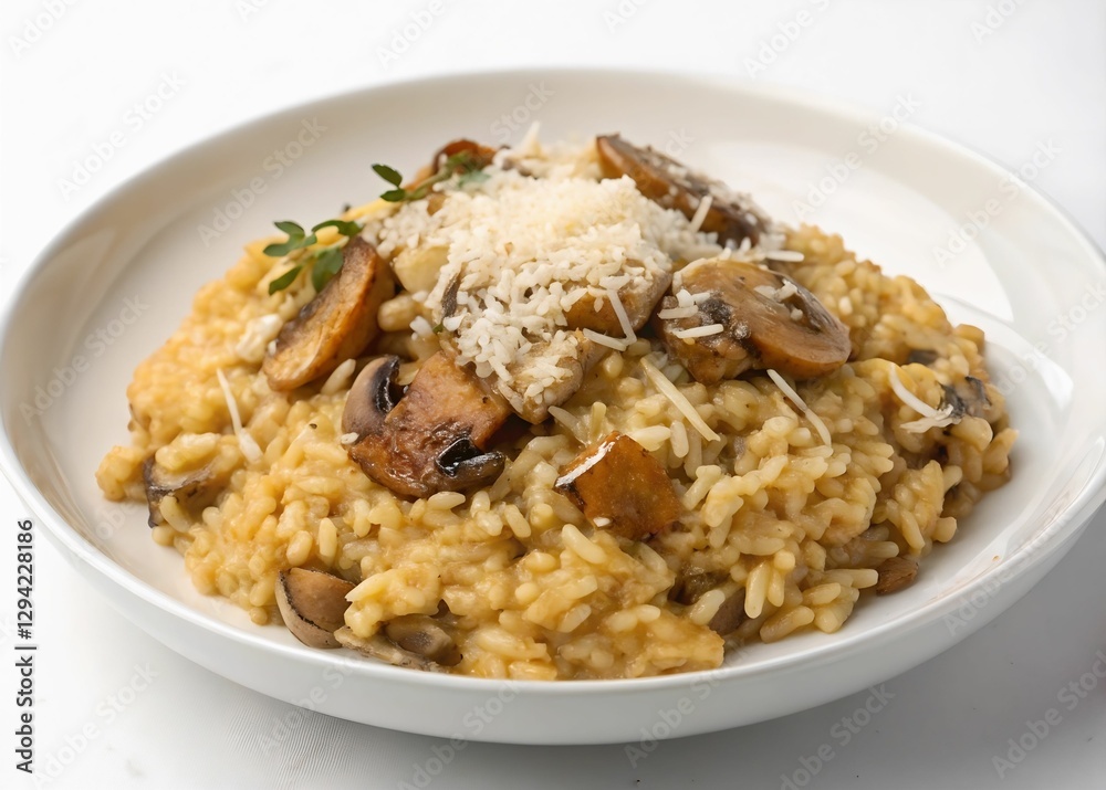 A bowl of creamy risotto topped with mushrooms and cheese, set against a white background. The risotto has a rich, creamy texture, and the mushrooms have a reddish-brown hue. The cheese is white and a A bowl of creamy risotto topped with mushrooms and cheese, set against a white background. The risotto has a rich, creamy texture, and the mushrooms have a reddish-brown hue. The cheese is white and a