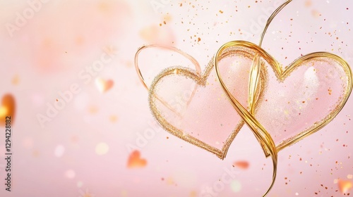 Intertwined golden hearts, enhanced with soft glittering sparkles, float over a delicate pastel gradient of light pink and peach.