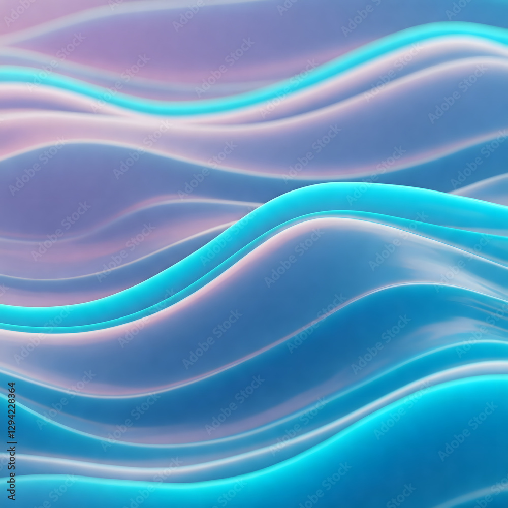 Fototapeta premium A futuristic holographic background with glowing cyan waves shifting in a prism effect. The waves have pearlescent reflections, ultra-realistic light distortions, and crystal-clear details. The atmosp