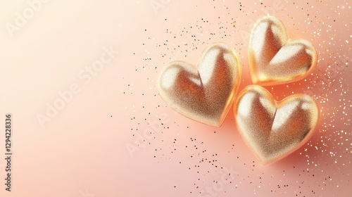 Intertwined golden hearts, enhanced with soft glittering sparkles, float over a delicate pastel gradient of light pink and peach.