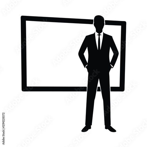 Confident seasoned businessman silhouette confidently stands boldly in front of a large strategic screen display