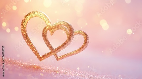 Intertwined golden hearts, enhanced with soft glittering sparkles, float over a delicate pastel gradient of light pink and peach.
