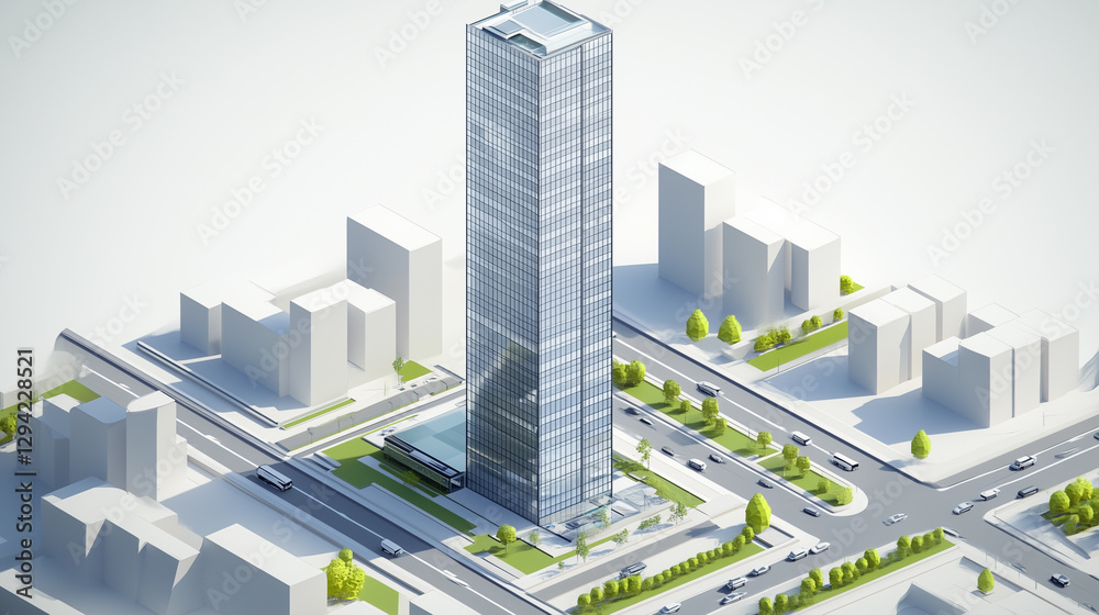 A modern skyscraper in an isometric cityscape, presented in a minimalist low-poly design A modern skyscraper in an isometric cityscape, presented in a minimalist low-poly design