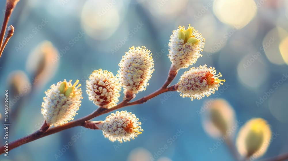 Fototapeta premium Close-up of springtime budding on willow branch with blurred background.