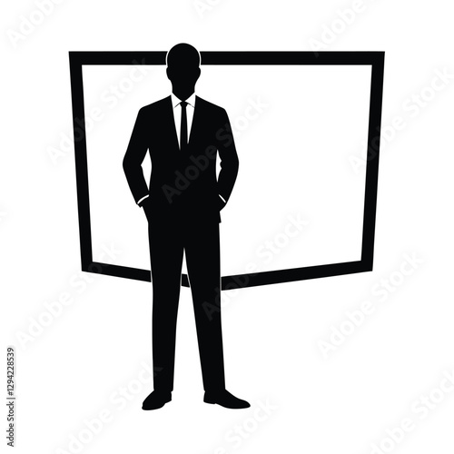 Bold successful businessman silhouette confidently stands firmly before strategic display