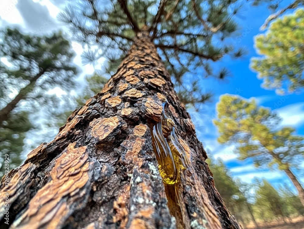 Golden Pine Resin Flowing Down a Majestic Pine Tree in Serene Forest Environment from Ground Level Perspective Golden Pine Resin Flowing Down a Majestic Pine Tree in Serene Forest Environment from Ground Level Perspective