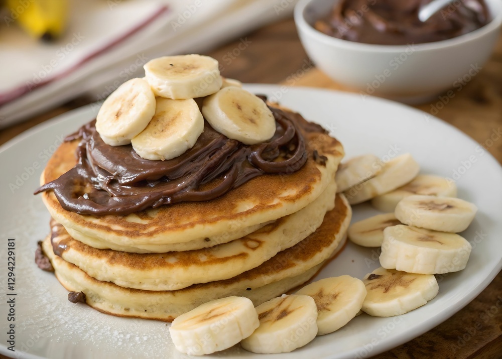 A plate of pancakes topped with sliced bananas and chocolate spread. The pancakes have a golden-brown hue, and the chocolate spread is a rich, dark brown. The bananas are a bright yellow, adding a pop A plate of pancakes topped with sliced bananas and chocolate spread. The pancakes have a golden-brown hue, and the chocolate spread is a rich, dark brown. The bananas are a bright yellow, adding a pop