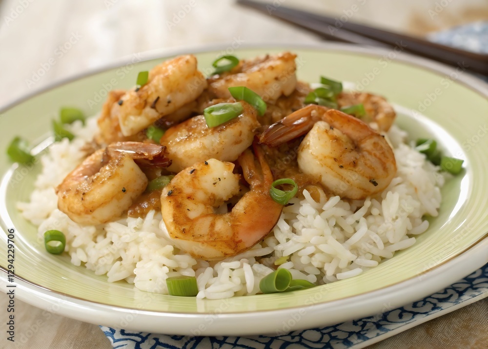 A plate of succulent shrimp and fluffy white rice, garnished with fresh green onions. The plate rests on a cloth, and a pair of chopsticks rests beside it, suggesting the meal is ready to be enjoyed. A plate of succulent shrimp and fluffy white rice, garnished with fresh green onions. The plate rests on a cloth, and a pair of chopsticks rests beside it, suggesting the meal is ready to be enjoyed.
