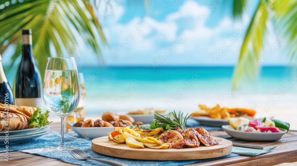 Obraz premium Vibrant Tropical Feast on a Beachside Table with Refreshing Drinks and Scenic Background