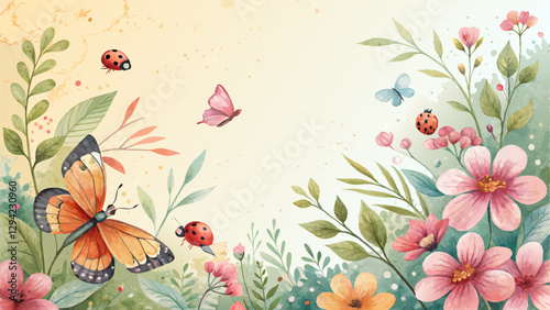 Soft watercolor floral background, vibrant flowers, leaves, butterflies, and ladybugs, creating a warm and loving atmosphere for Children’s Day festivities with copy space 