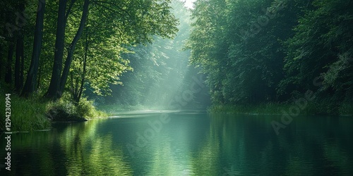 Serene river flowing through lush green trees with calm waters reflecting the surrounding beauty of nature