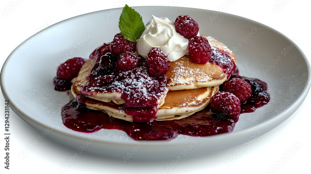 Stack of fluffy pancakes topped with fresh raspberries, whipped cream and berry sauce on gray ceramic plate, served for breakfast or brunch against white background. Stack of fluffy pancakes topped with fresh raspberries, whipped cream and berry sauce on gray ceramic plate, served for breakfast or brunch against white background.