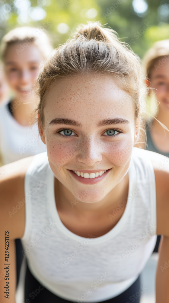 Active young woman smiling during fitness challenge outdoors, showcasing determination and joy in community setting Active young woman smiling during fitness challenge outdoors, showcasing determination and joy in community setting
