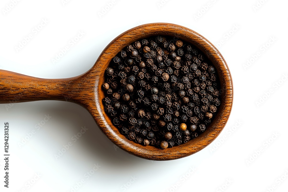 Whole black peppercorns in rustic wooden spoon on white background, aromatic spice macro photography for cooking and seasoning concepts. Whole black peppercorns in rustic wooden spoon on white background, aromatic spice macro photography for cooking and seasoning concepts.