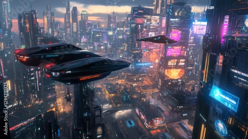A futuristic city with flying cars and neon signs blinking dynamically. 